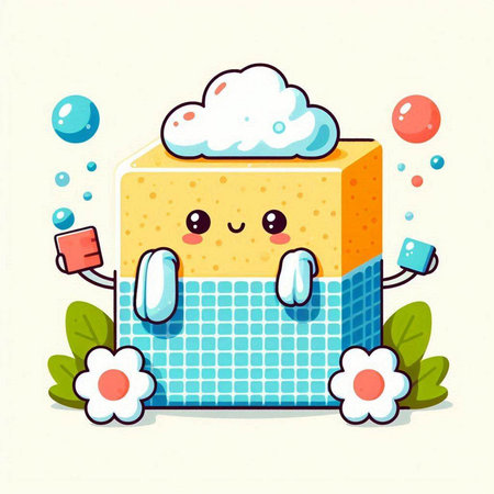Cute cartoon sponge with cloud and cup of coffee. Vector illustrationのイラスト素材
