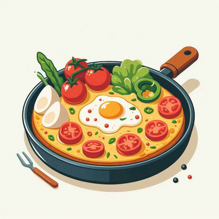 Fried eggs in a frying pan with vegetables. Vector illustration.のイラスト素材