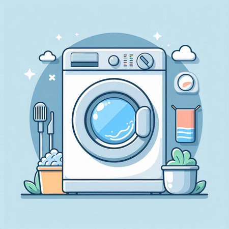 Washing machine. Vector illustration in flat style on blue background.のイラスト素材