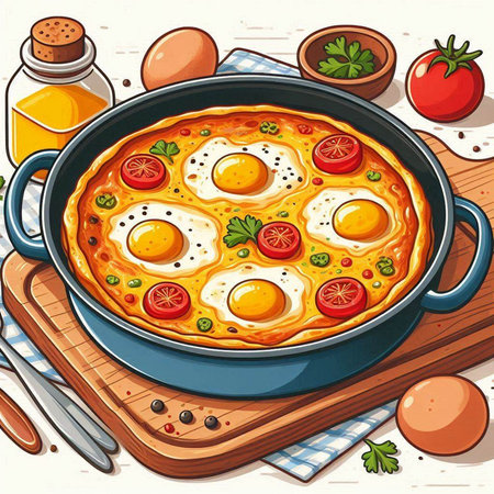 Fried eggs in a frying pan on a wooden board. Vector illustration.のイラスト素材