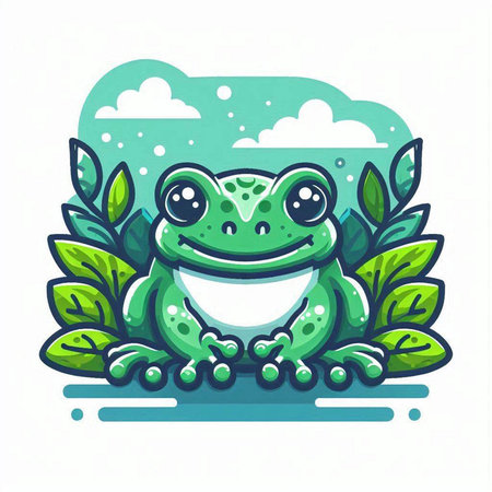 Cute cartoon frog character with green leaves and clouds. Vector illustration.のイラスト素材