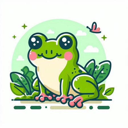Cute cartoon frog sitting on the grass. Vector illustration in flat style.のイラスト素材