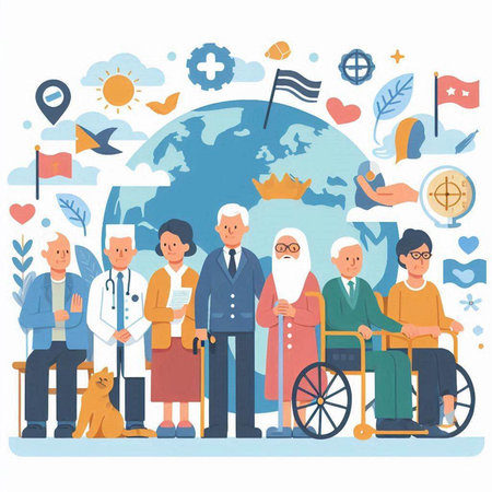 Elderly people on the background of the world map. Vector illustrationのイラスト素材