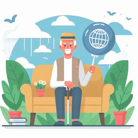 Elderly man sitting on sofa and holding globe. Flat vector illustration.のイラスト素材
