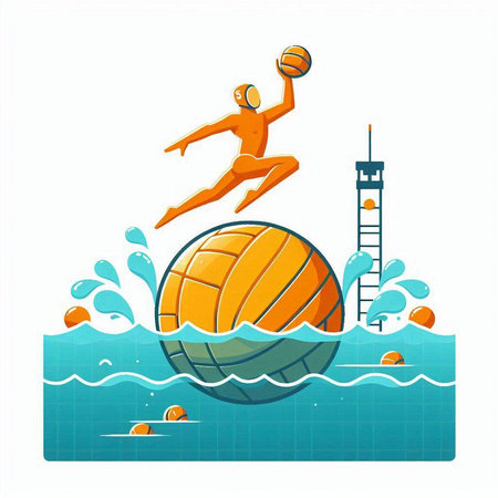 Volleyball player jumping from the ball into the water, vector illustrationのイラスト素材