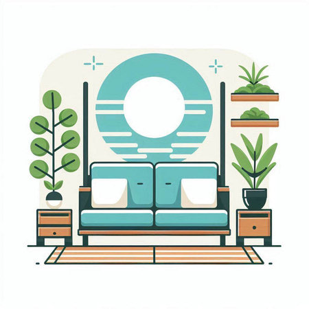 Interior of living room with sofa and plants. Vector illustration.のイラスト素材