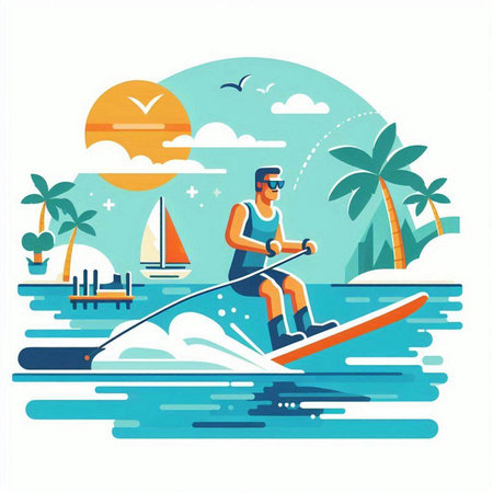 Vector illustration of a man on a paddle board on the ocean.のイラスト素材