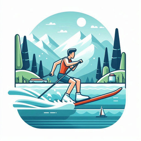 Man on a stand-up paddleboard in the mountains. Vector illustration.のイラスト素材