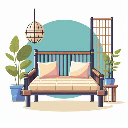 Sofa in the garden. Vector illustration in flat style.のイラスト素材