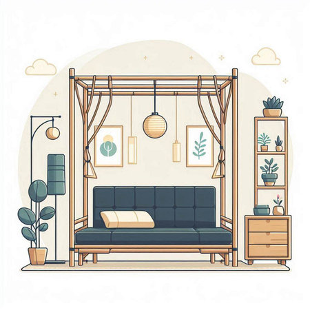 Vector illustration of a cozy living room in flat style with furniture and plants.のイラスト素材
