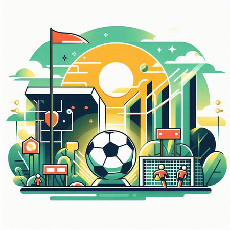 Soccer or football game on the background of the city. Vector illustrationのイラスト素材