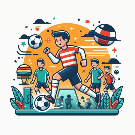 Soccer player in action on the field. Flat vector illustration.のイラスト素材