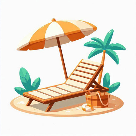 Beach chair with umbrella on the sand. Vector illustration in cartoon styleのイラスト素材
