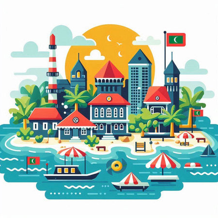 Vector illustration in flat cartoon style. Cityscape with buildings, beach, sea and sky.のイラスト素材