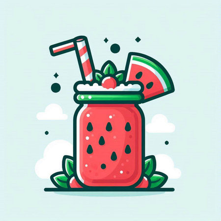 Smoothie with watermelon and mint. Vector illustration in cartoon style.のイラスト素材