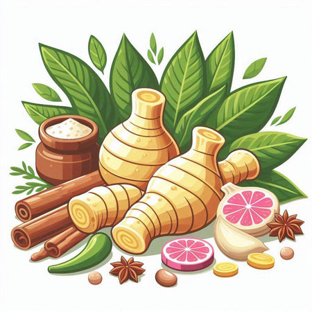 Herbs and spices, ginger, lemon, pepper, cinnamon, cardamom, clovesのイラスト素材