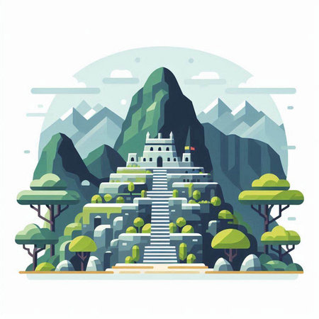 Vector illustration of a mountain landscape with a temple in the center.のイラスト素材