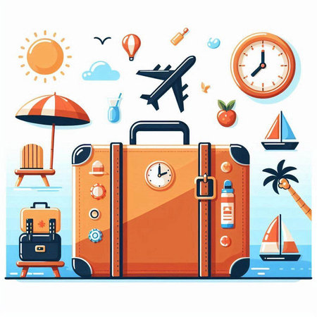 Vector illustration of travel and vacation background with suitcase, airplane, sun, umbrella, beach chair and other objects.のイラスト素材