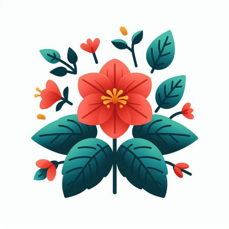 Red flower with green leaves on a white background. Vector illustration.のイラスト素材