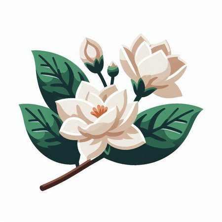Magnolia flower and leaves isolated on white background. Vector illustration.のイラスト素材