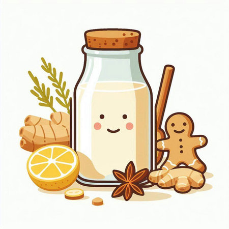 Vector illustration of ginger milk in a glass bottle with ginger, lemon, cinnamon and anise.のイラスト素材