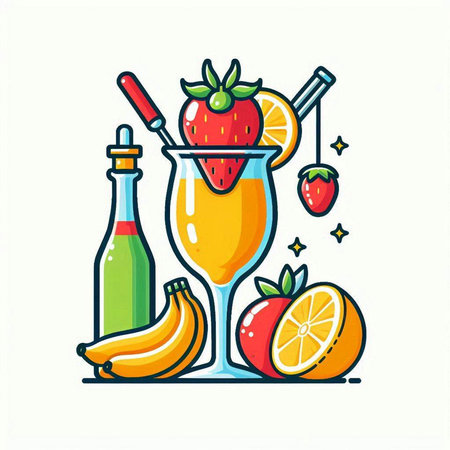 Fruit cocktail in a glass with a straw, lemon, strawberry, orange, grapefruit. Vector illustration.のイラスト素材