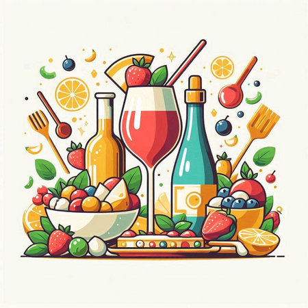 Colorful vector illustration of a set of food and drinks on a white backgroundのイラスト素材