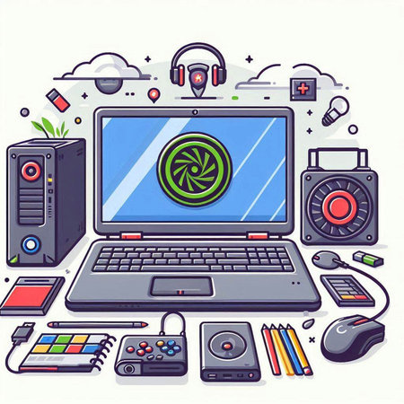 Vector illustration of laptop computer, headphones, video camera and other accessories.のイラスト素材