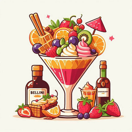 Fruit cocktail in martini glass with ice cream, fruits and berries, vector illustrationのイラスト素材