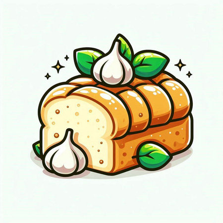 Illustration of a piece of bread with garlic and basil on a white backgroundのイラスト素材