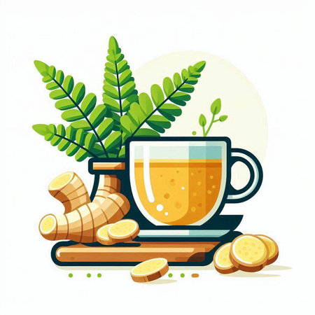 Cup of ginger tea with ginger root and leaves. Vector illustration.のイラスト素材
