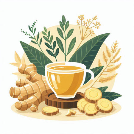 Cup of tea with ginger root and leaves. Flat vector illustration.のイラスト素材