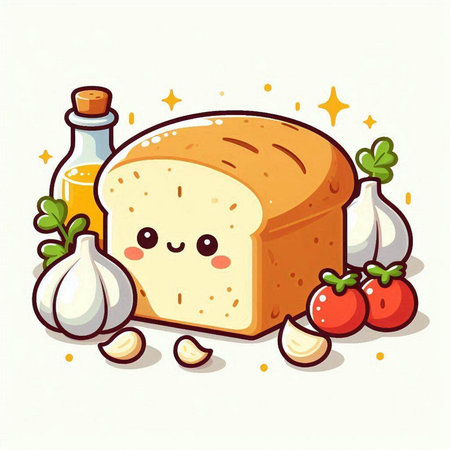Illustration of a cute cartoon bread character with ingredients on a white backgroundのイラスト素材