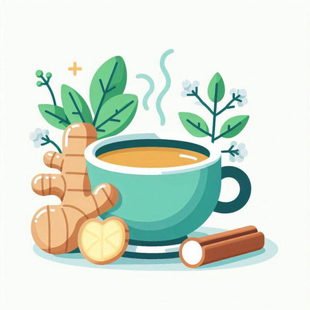 Cup of tea with ginger, cinnamon and leaves. Vector illustration.のイラスト素材