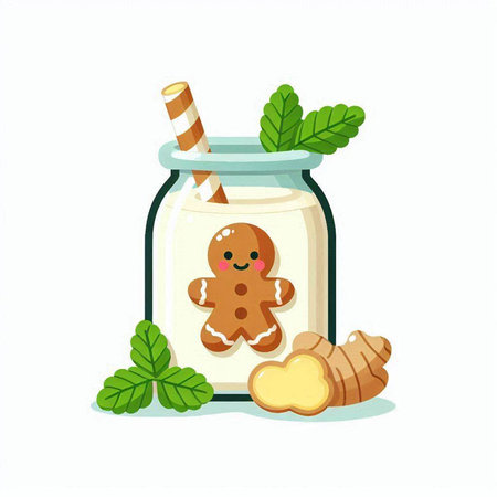 Mason jar with gingerbread cookie and mint leaves. Vector illustration.のイラスト素材
