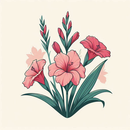 Illustration of pink gladiolus flowers on beige background.のイラスト素材