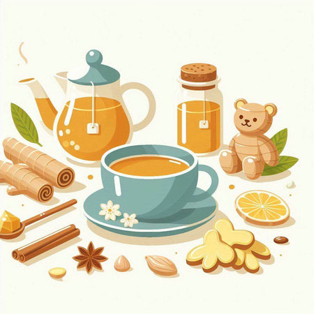 Cup of tea, honey, ginger, cinnamon, star anise, lemon, ginger, cloves. Vector illustration.のイラスト素材
