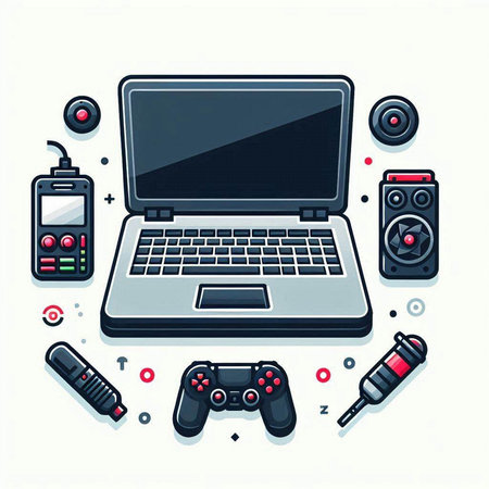 Vector illustration of a laptop, video game console, gamepad, headphones.のイラスト素材