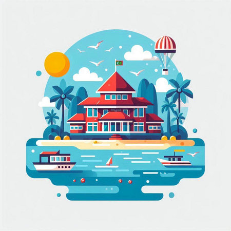 Flat style vector illustration of a tropical island with palm trees, boats and sea.のイラスト素材