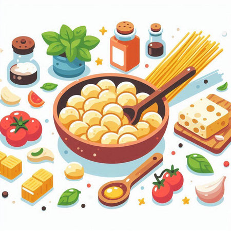 Italian pasta in a frying pan with ingredients and spices. Vector illustrationのイラスト素材