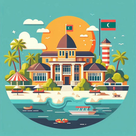 Tropical island with palm trees, boats and lighthouse. Vector illustration.のイラスト素材