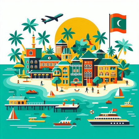 Tropical island with palm trees, yachts and boats. Vector illustration.のイラスト素材