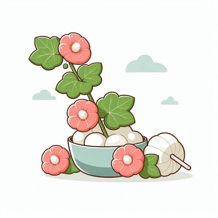 Illustration of a bowl of mozzarella balls with flowers.のイラスト素材