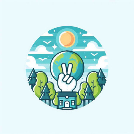 Vector illustration of globe with hand showing victory sign in circle shape.のイラスト素材