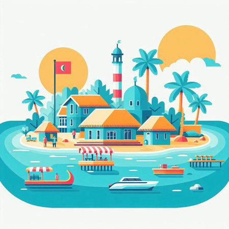 Tropical island with palm trees, boats and lighthouse. Flat style vector illustration.のイラスト素材