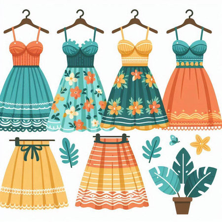Set of summer women's dresses on hangers, vector illustration.のイラスト素材