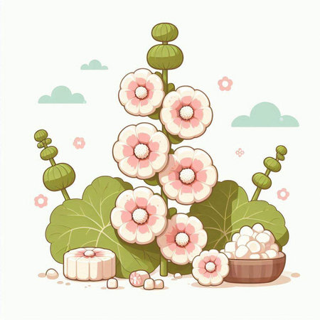 Vector illustration of pink mallow flowers on white background with space for textのイラスト素材