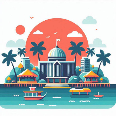 Tropical island with palms and boats. Flat style vector illustration.のイラスト素材