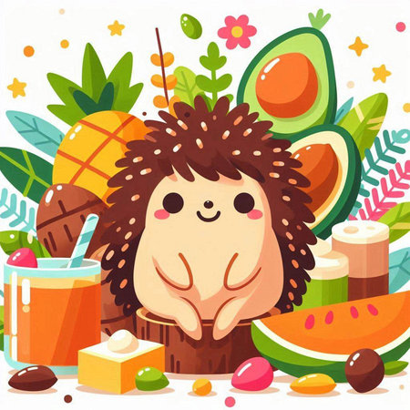 Cute cartoon hedgehog with tropical fruits and smoothie. Vector illustrationのイラスト素材