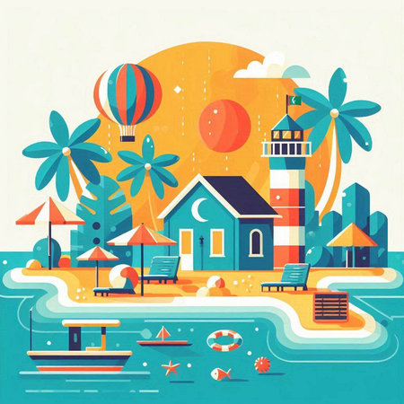 Landscape with sea, houses, lighthouse, palm trees and boats. Flat style vector illustration.のイラスト素材